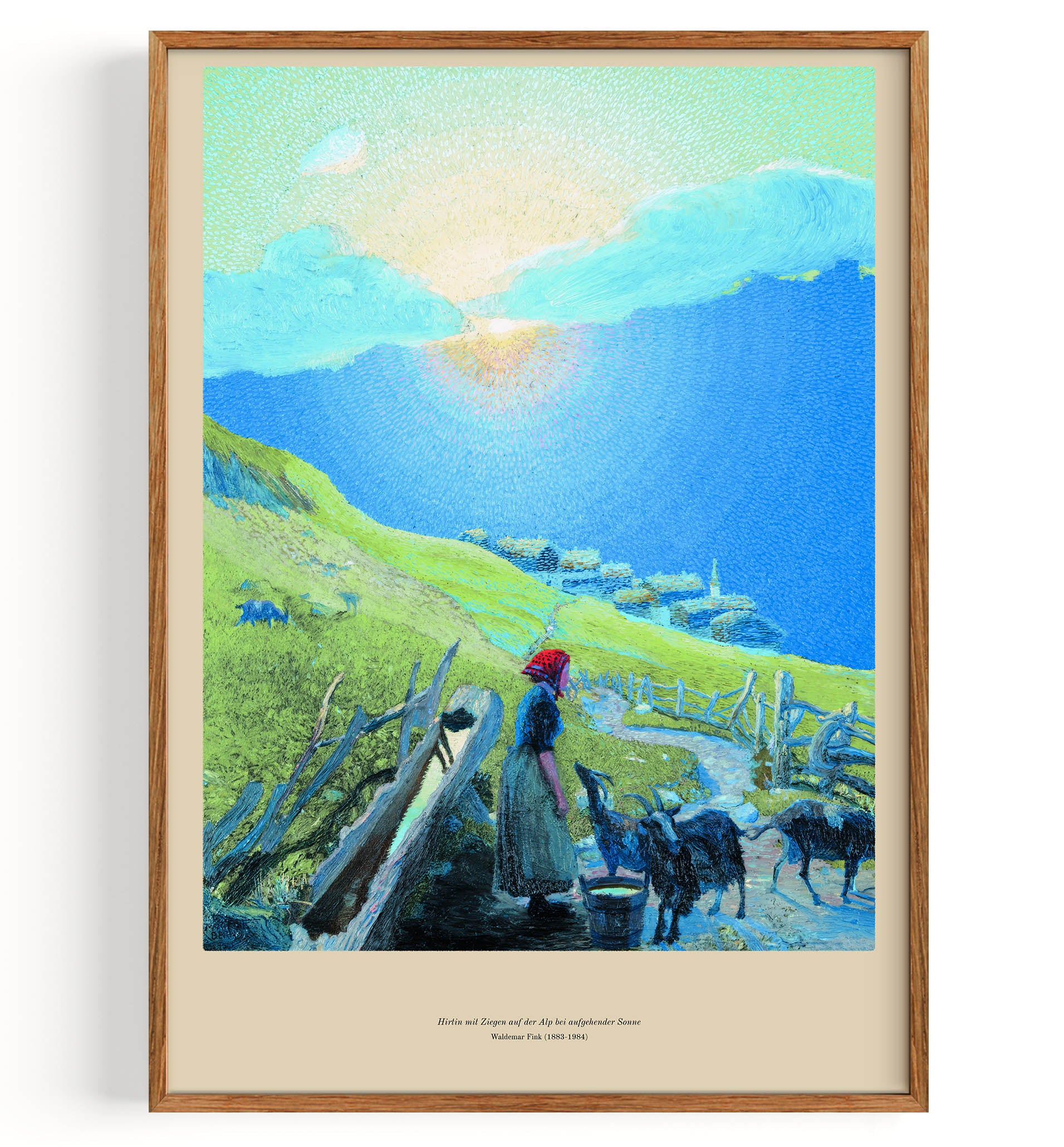 Hirtin mit Ziegen auf der Alp bei aufgehender Sonne (1883-1984)